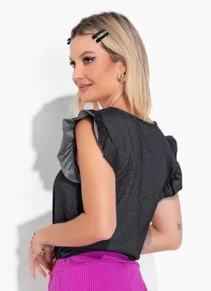 Moda Pop - Blusa Preta com Decote em V e Babado nas Mangas - MODA POP