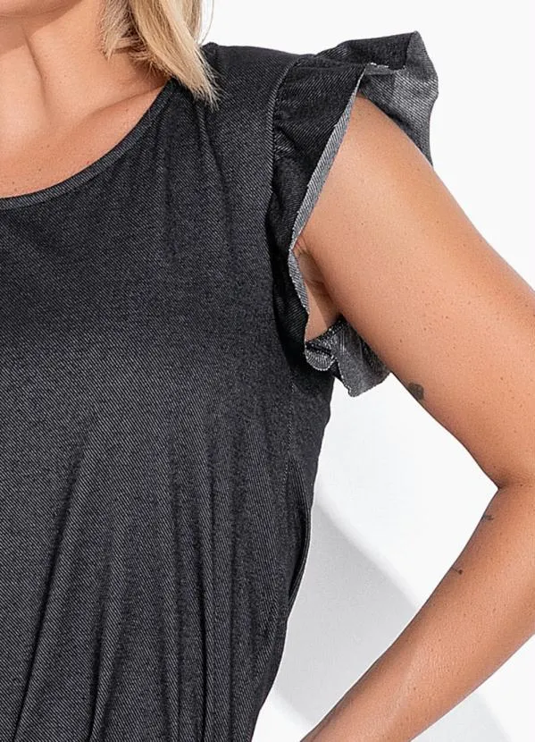 Moda Pop - Blusa Preta com Decote em V e Babado nas Mangas 3