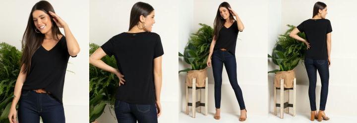 Blusa Preta com Decote V e Bolso Frontal