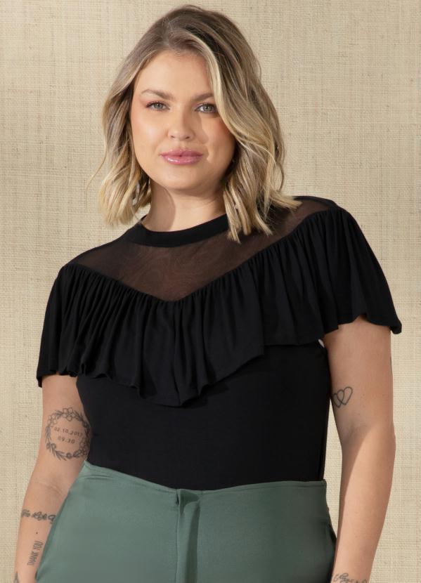 Quintess - Blusa Preta com Transparência e Babado 5