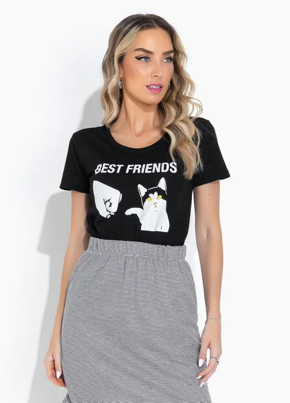 Moda Pop - Blusa Preta de Mangas Curtas e Estampa Localizad