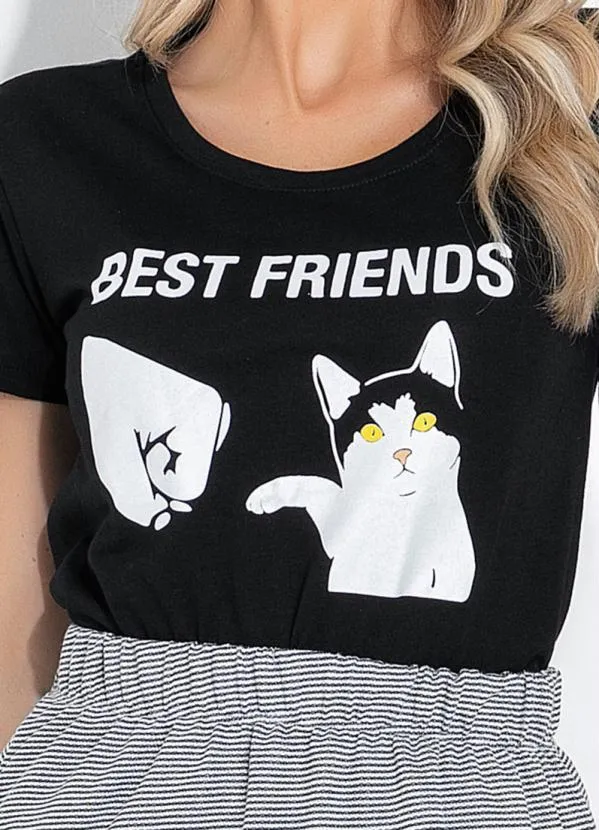 Moda Pop - Blusa Preta de Mangas Curtas e Estampa Localizad 3