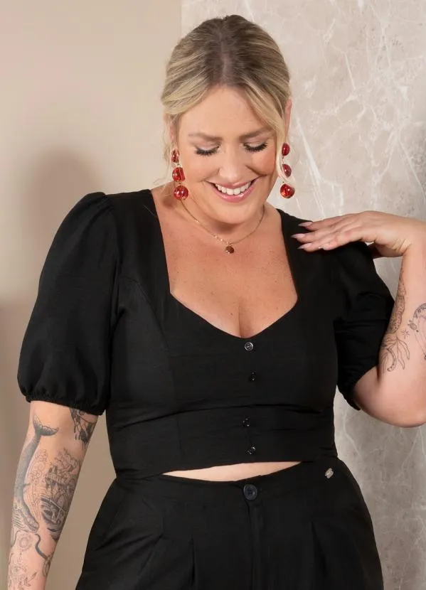 Quintess - Blusa Preta em Crepe Plano com Mangas Curtas 5