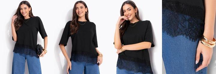 Blusa Preta em Malha de Algod�o com Detalhe de Renda