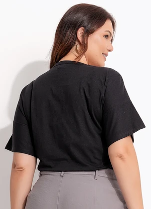 Quintess - Blusa Preta em Malha de Algodão Penteado com Detalhe de Nó no Ombro - QUINTESS