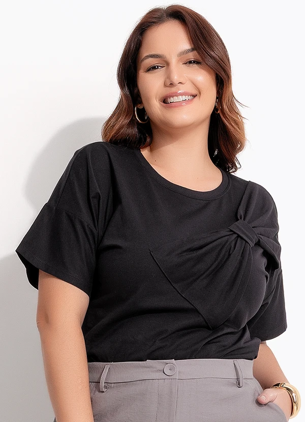 Quintess - Blusa Preta em Malha de Algodão Penteado com Detalhe de Nó no Ombro 7