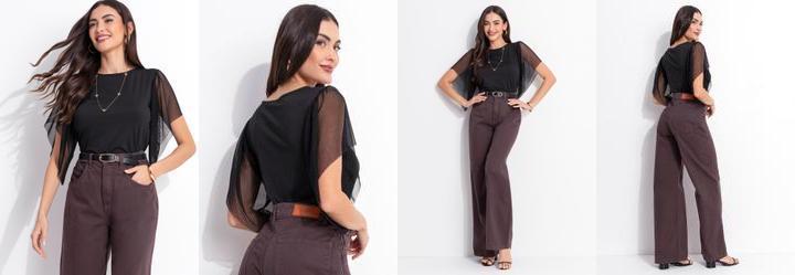 Blusa Preta em Malha Fria com Mangas em Tule