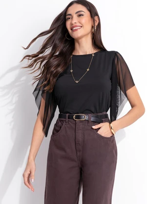 Quintess - Blusa Preta em Malha Fria com Mangas em Tule - QUINTESS