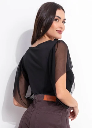 Quintess - Blusa Preta em Malha Fria com Mangas em Tule - QUINTESS