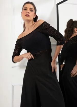 Quintess - Blusa Preta em Renda Ombro a Ombro - QUINTESS