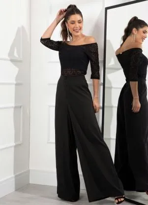 Quintess - Blusa Preta em Renda Ombro a Ombro - QUINTESS