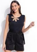 Blusa Preta em Ribana Canelada com Flor Vazada