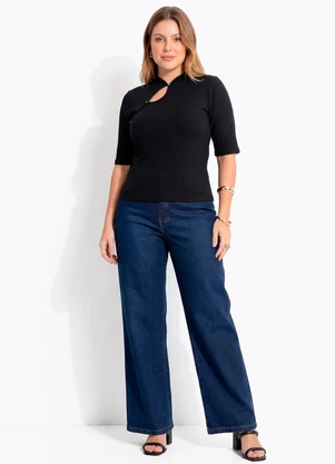 Quintess - Blusa Preta em Ribana Canelada - QUINTESS