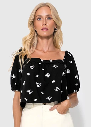 Enfim - Blusa Preto Ampla Floral Bordada - ENFIM