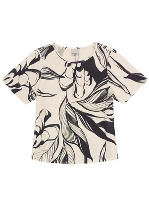 Malwee - Blusa Preto Ampla Folhagens Maquinetada - MALWEE