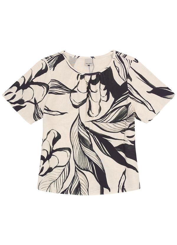 Malwee - Blusa Preto Ampla Folhagens Maquinetada