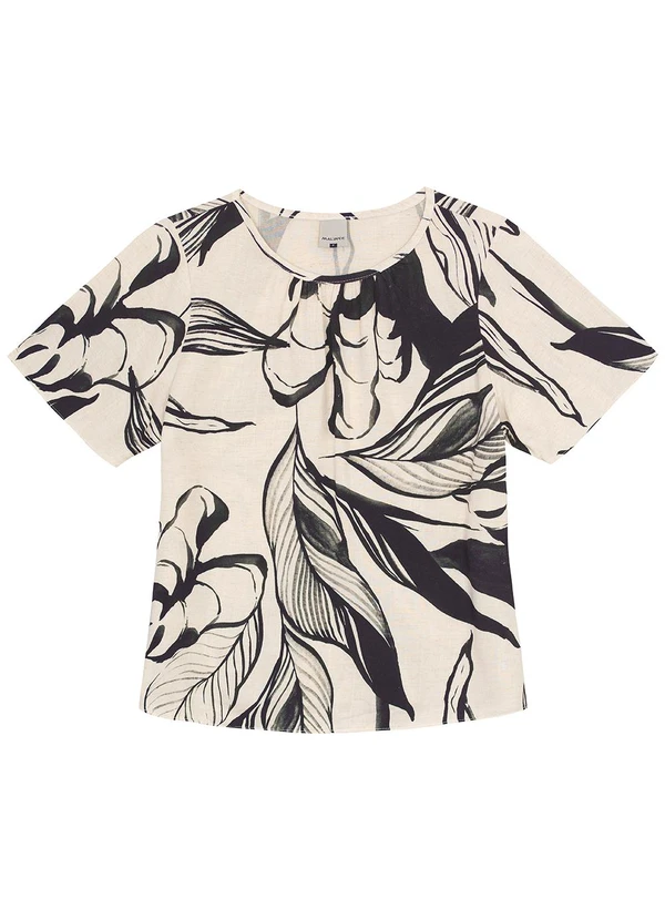 Malwee - Blusa Preto Ampla Folhagens Maquinetada