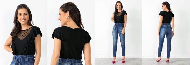 Blusa Preto com Decote em Tule