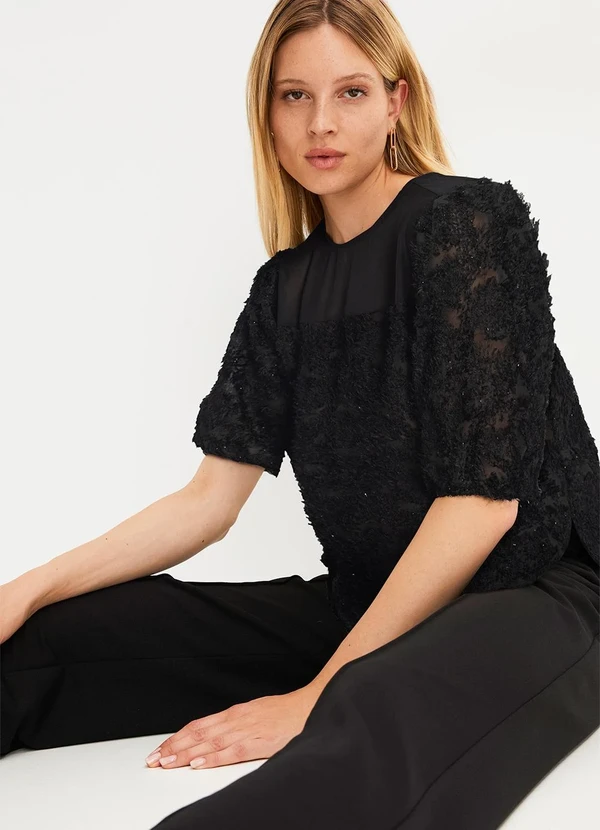 bonprix - Blusa Preto em Chiffon Devorê Desfiado 3
