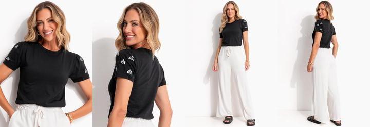 Blusa Preto em Malha de Algodo Penteado