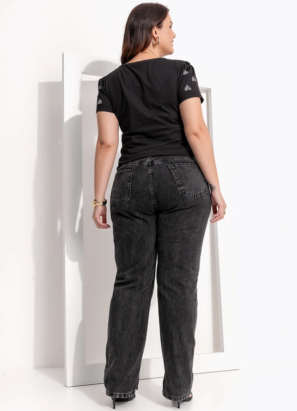 Quintess - Blusa Preto em Malha de Algodão Penteado