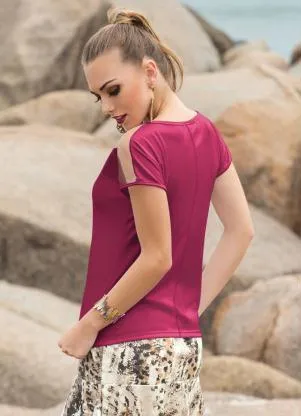 Moda Pop - Blusa Púrpura com Transparência nas Mangas - MODA POP