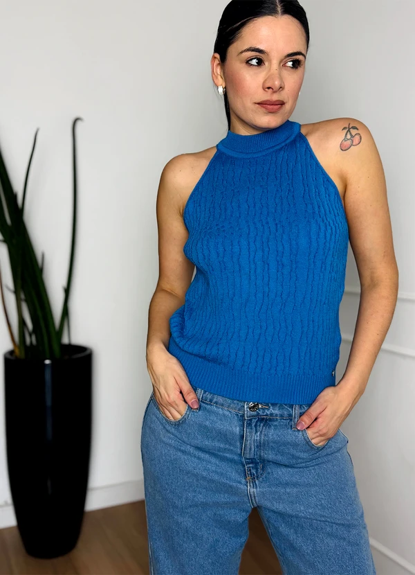 Doce Tom - Blusa Regata Tricot Gola Alta Azul 4
