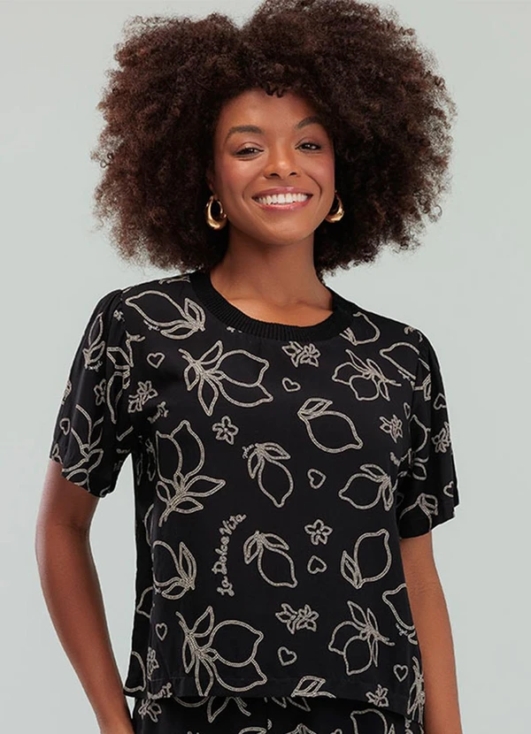 Angel - Blusa Retilinea Viscose Estampada Preto