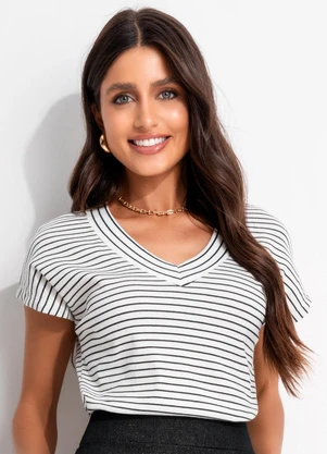 Bimini - Blusa Ribana Listrada Decote V  Branco - BIMINI