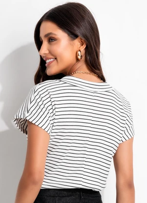 Bimini - Blusa Ribana Listrada Decote V  Branco - BIMINI