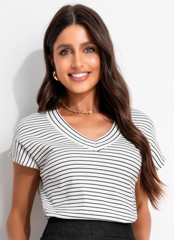 Bimini - Blusa Ribana Listrada Decote V Branco