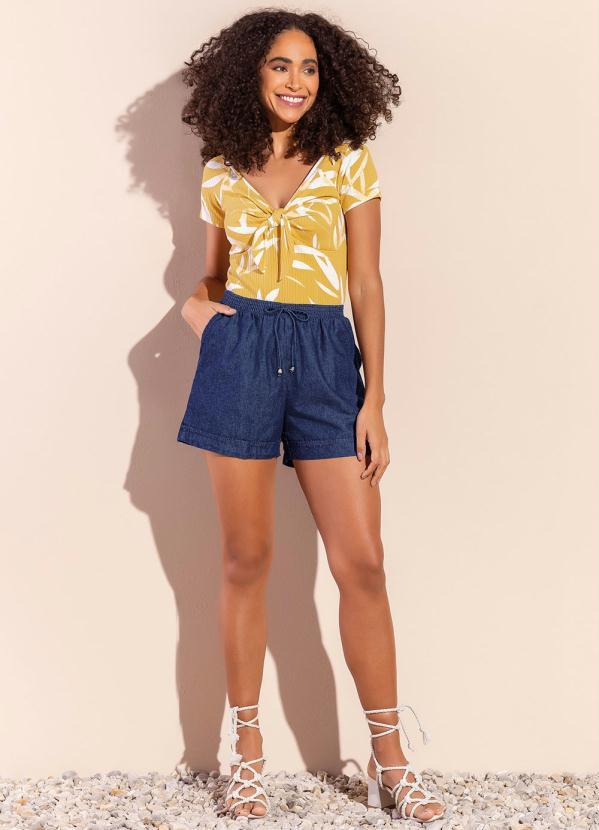 Marialícia - Blusa Romântica Tropical com Amarração Amarelo 2