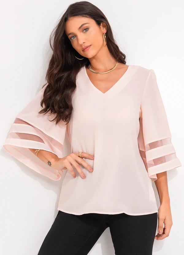 Quintess - Blusa Rosa Claro em Crepe Plano