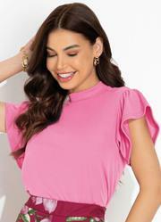 Blusa Rosa com Gola e Babado na Cava
