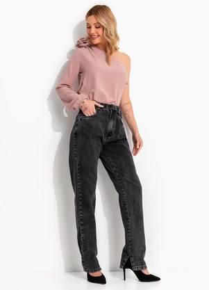 Quintess - Blusa Rosa um Ombro Só com Flor Removível e Manga Bufante - QUINTESS