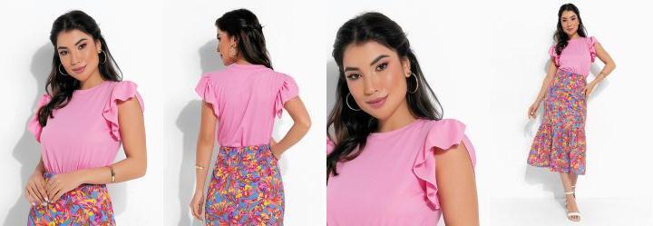 Blusa Rosa Manga com Babado