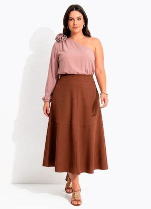 Quintess - Blusa Rosa um Ombro Só com Flor Removível e Manga Bufante - QUINTESS