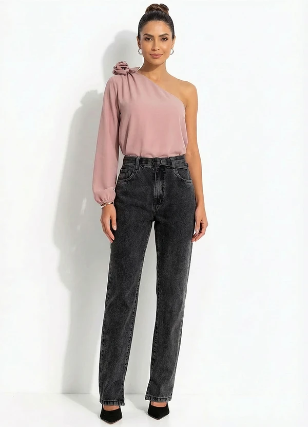 Quintess - Blusa Rosa um Ombro Só com Flor Removível e Manga Bufante 12