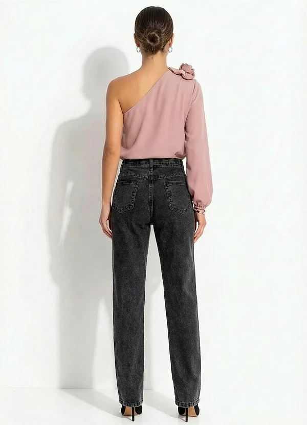 Quintess - Blusa Rosa um Ombro Só com Flor Removível e Manga Bufante 13