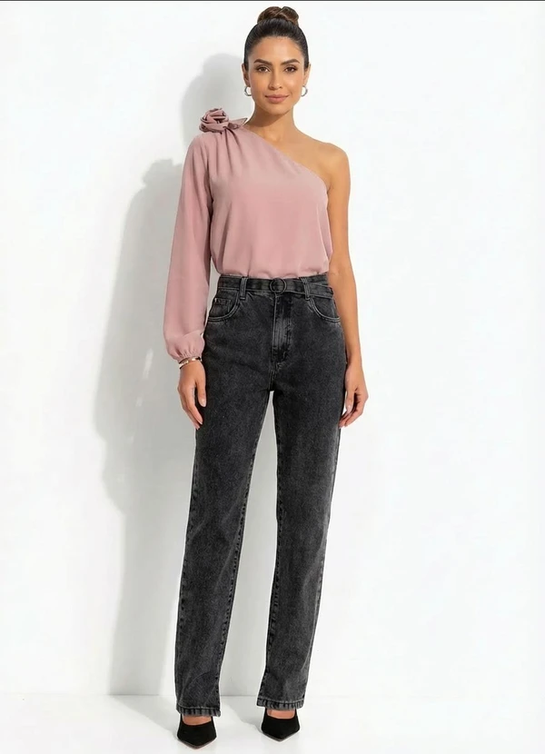 Quintess - Blusa Rosa um Ombro Só com Flor Removível e Manga Bufante 3