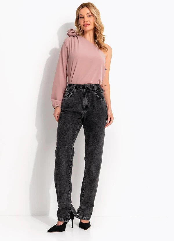 Quintess - Blusa Rosa um Ombro Só com Flor Removível e Manga Bufante 7