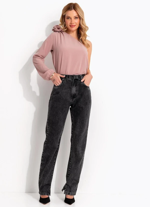 Quintess - Blusa Rosa um Ombro Só com Flor Removível e Manga Bufante 8