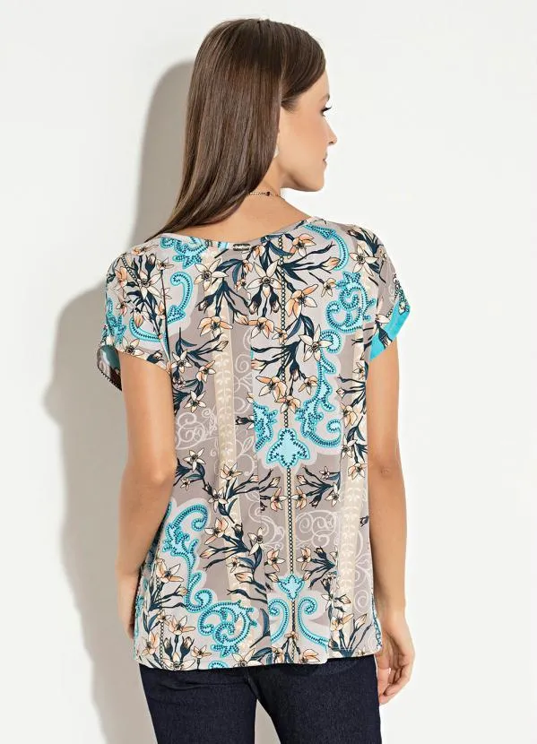 Quintess - Blusa Soltinha Lenço Cinza com Mangas Curtas 3