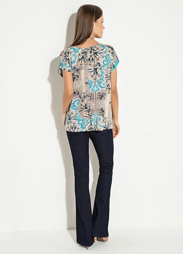 Quintess - Blusa Soltinha Lenço Cinza com Mangas Curtas 6