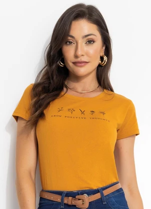 Moda Pop - Blusa T-Shirt Caramelo com Estampa Frontal - MODA POP