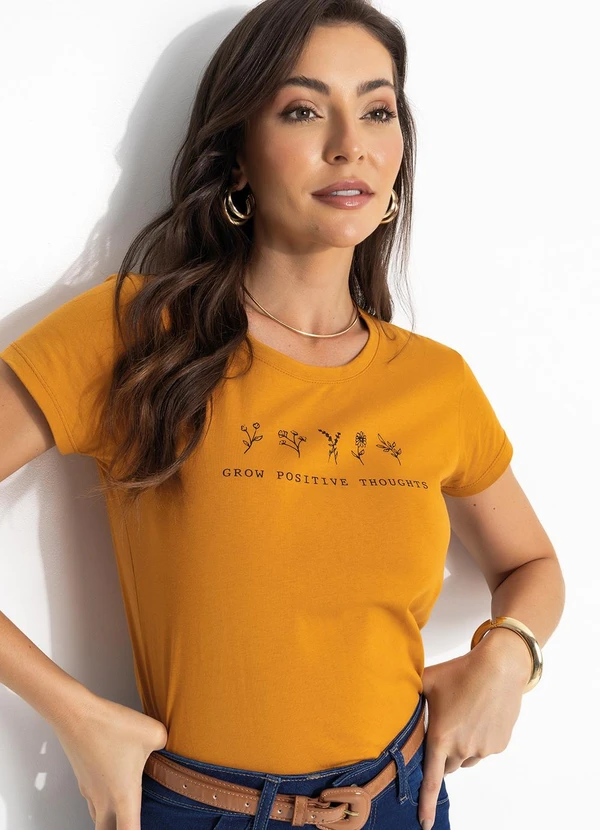 Moda Pop - Blusa T-Shirt Caramelo com Estampa Frontal 9
