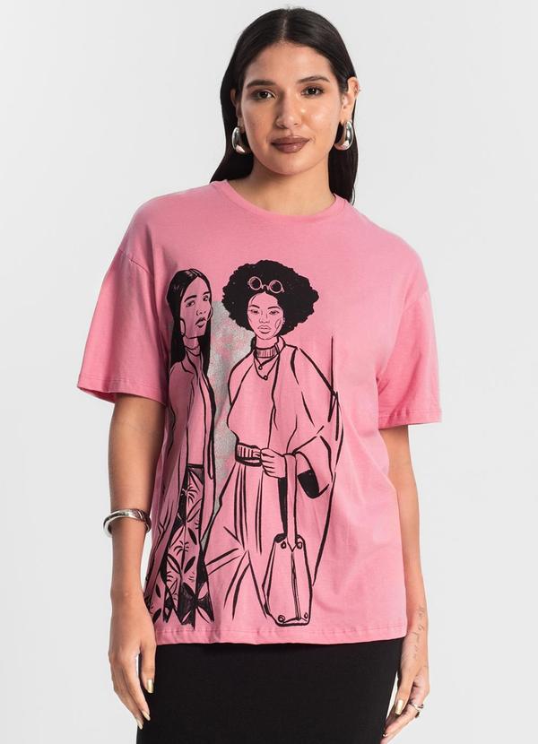 Rovitex - Blusa T- Shirt com Estampa Metalizada Rosa