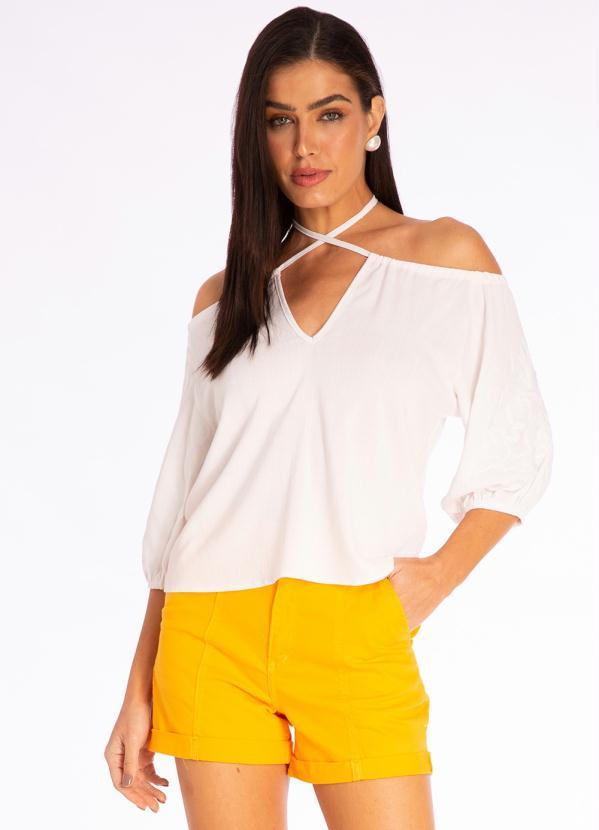 Doce Trama - Blusa Tecido Plano com Detalhe Manga Branco
