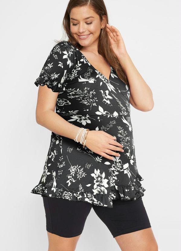 Outlet - Blusa Transpassada Manga Curta Floral Dark 4