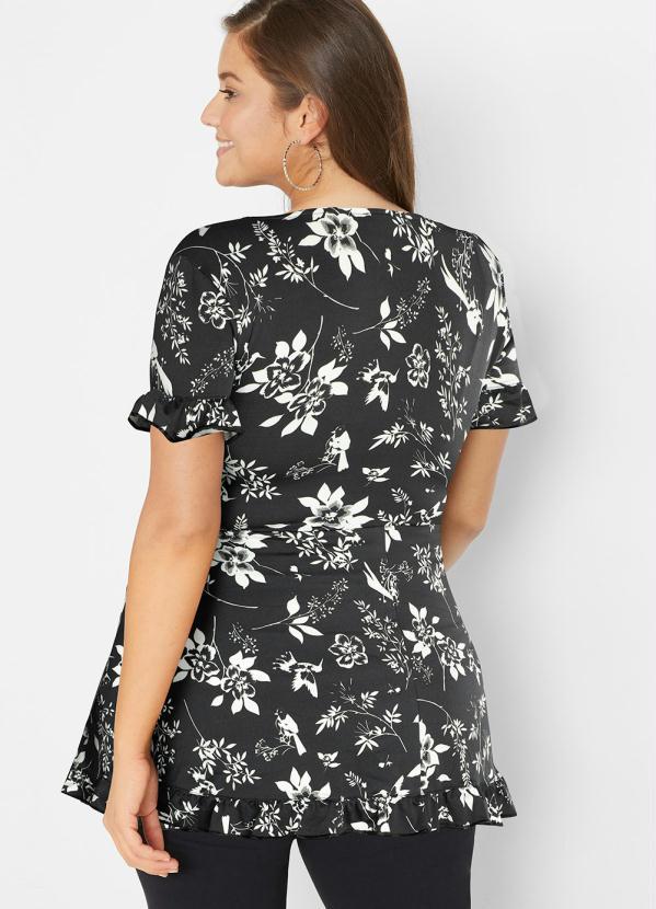 Outlet - Blusa Transpassada Manga Curta Floral Dark 5